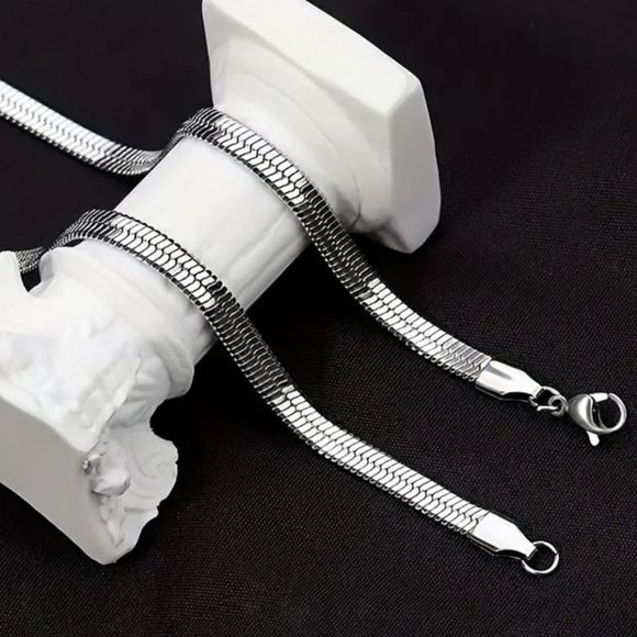 Flat Snake Stainless Titanium Silvertone Harringbone Style Chain 24", 4mm New - Picture 5 of 9